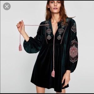 Zara green velvet embroidered dress